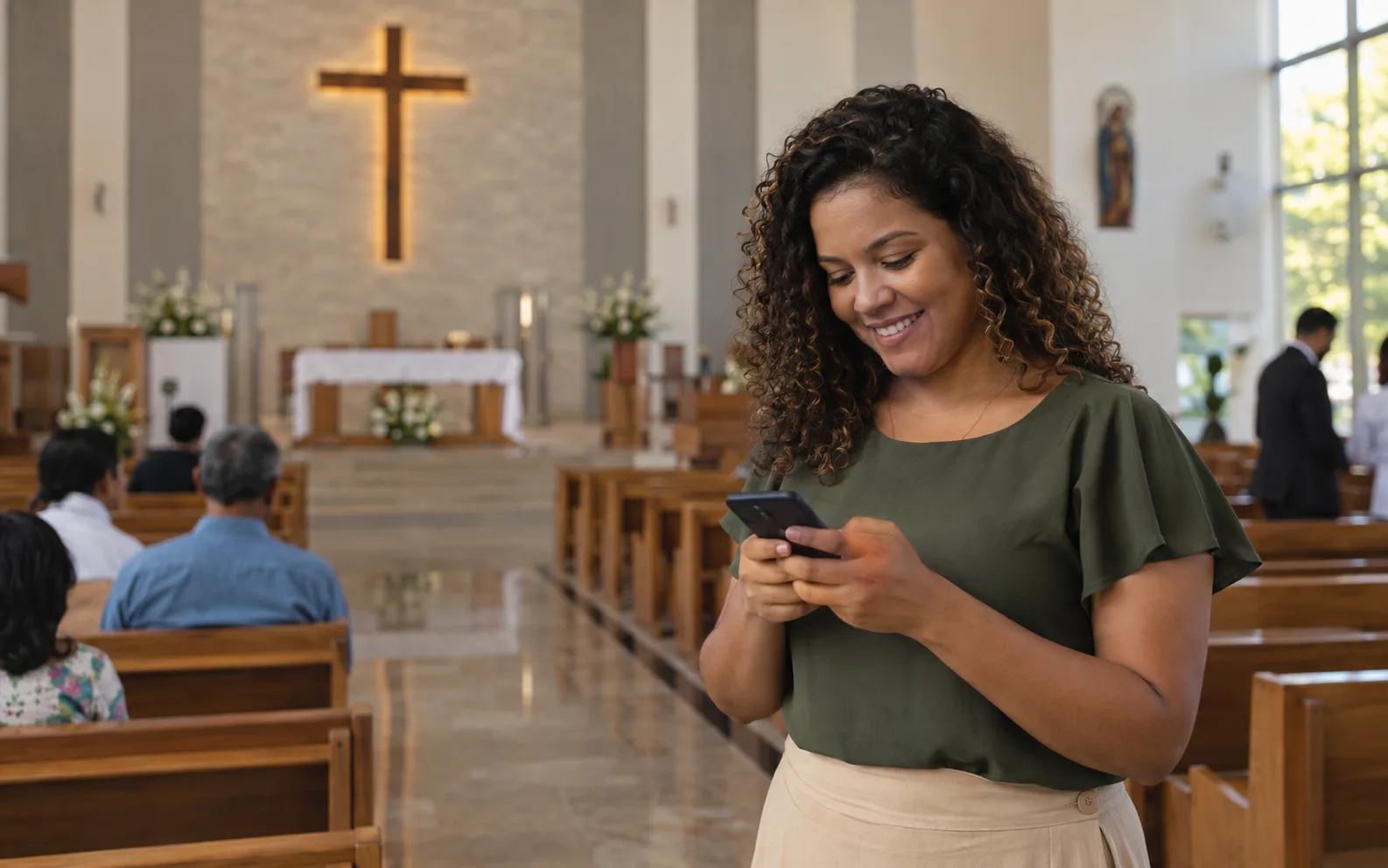 Fiel sorri enquanto usa o celular perto do altar da igreja
