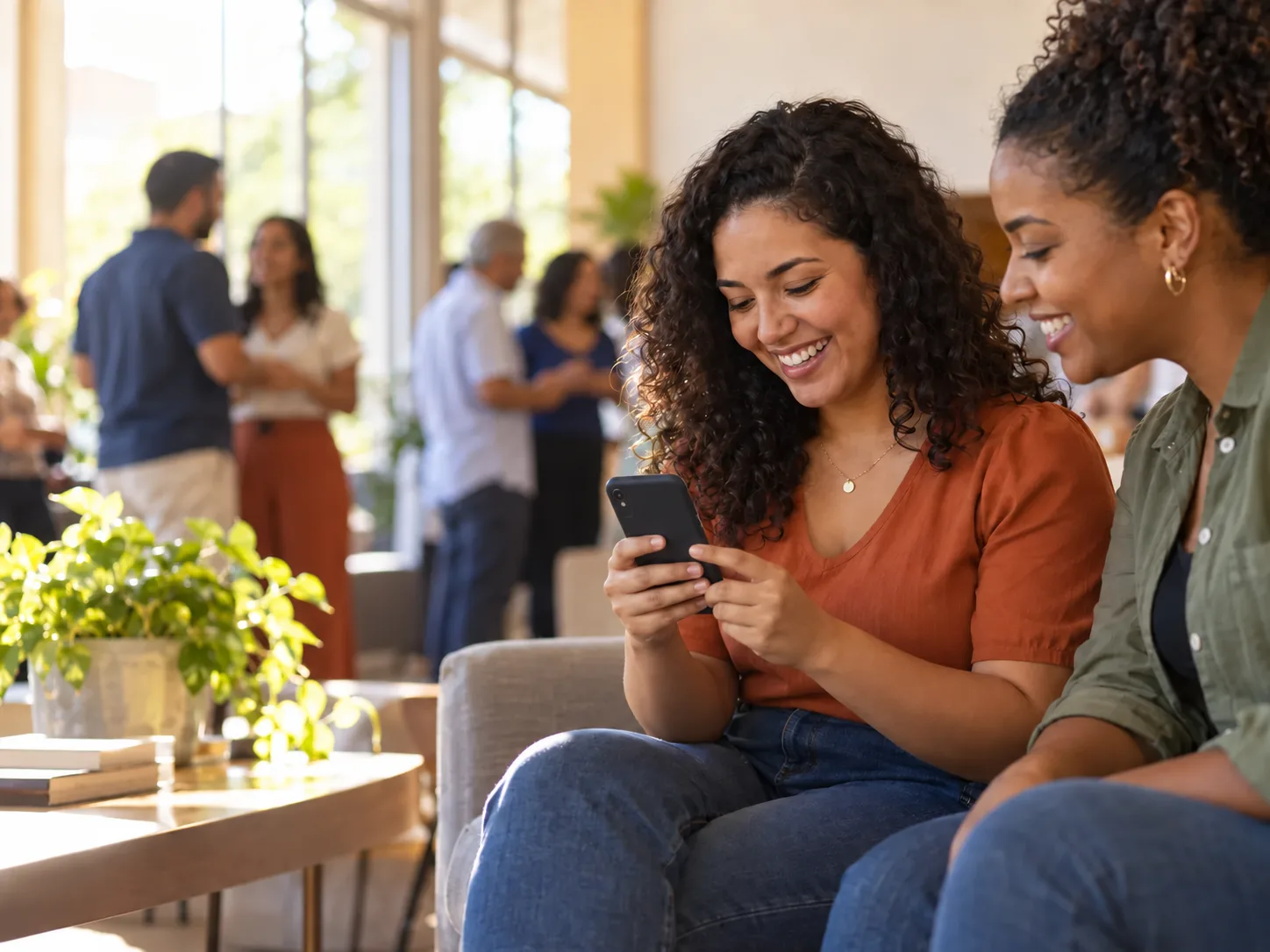 Duas participantes sorriem enquanto acompanham a comunidade pelo celular
